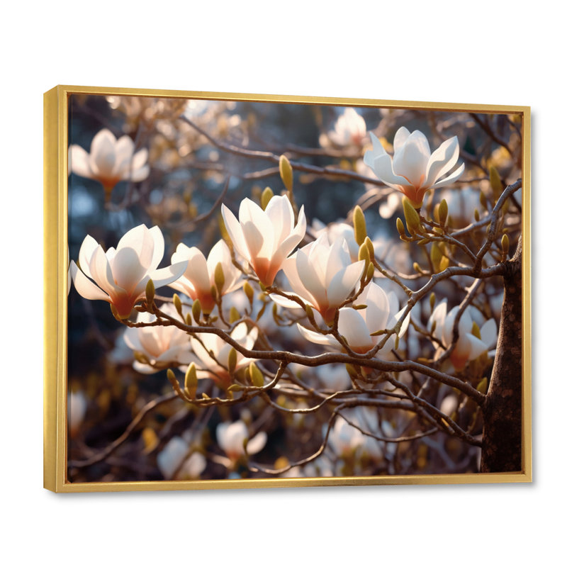 Paysage de magnolia blanc et rose V, H 30 po x l 40 po x P 1,5 po, Toile dorée