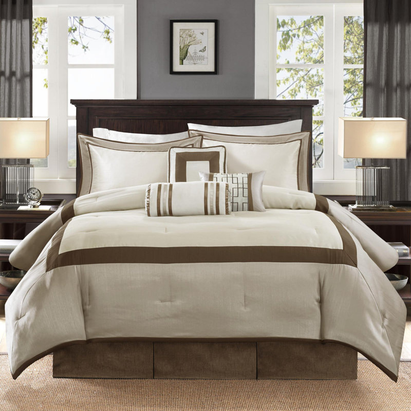 Polyester Comforter 7 Piece Set, Taupe/Brown, King Comforter + 6 Additional Pieces