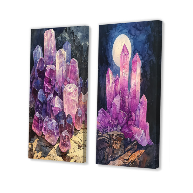 Crystals Energy - rose et mauve à la lune I - Collection d'art sur toile 2 panneaux, H 32 po x l 33 po, Toile tendue