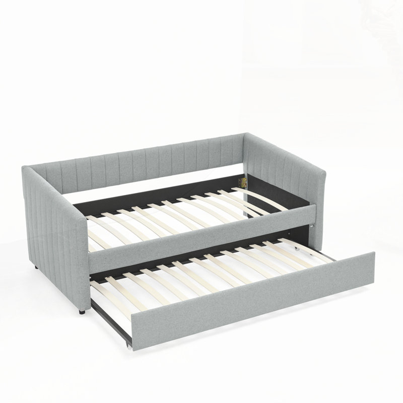 Daybed with trundle - upholstered sofa bed, vertical stripes, linen fabric, Gray, Twin