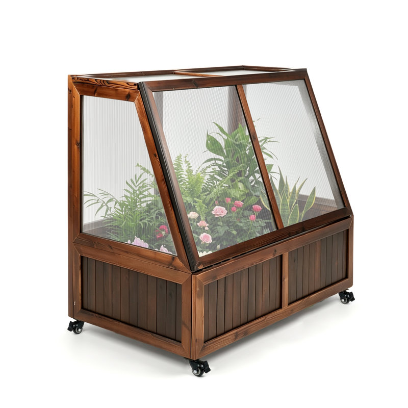 Wooden Cold Frame Greenhouse with Wheel, Chamber Fir Plant Cold Frame with Dual Independently Openable Flip‑Top Lids, Polycarbonate Panels Portable Plant Shelter for Balcony Patio Yard Indoor Outdoor