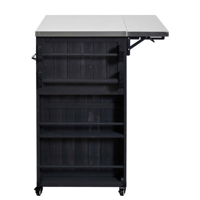 Outdoor Solid Wood Extendable 19.3''/28'' Kitchen Island, Stainless Steel Top Grill Table with Side Spice Rack