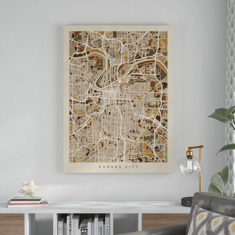 « kansas city missouri city map brown », impression sur toile tendue, H 32 po x l 24 po x P 2 po