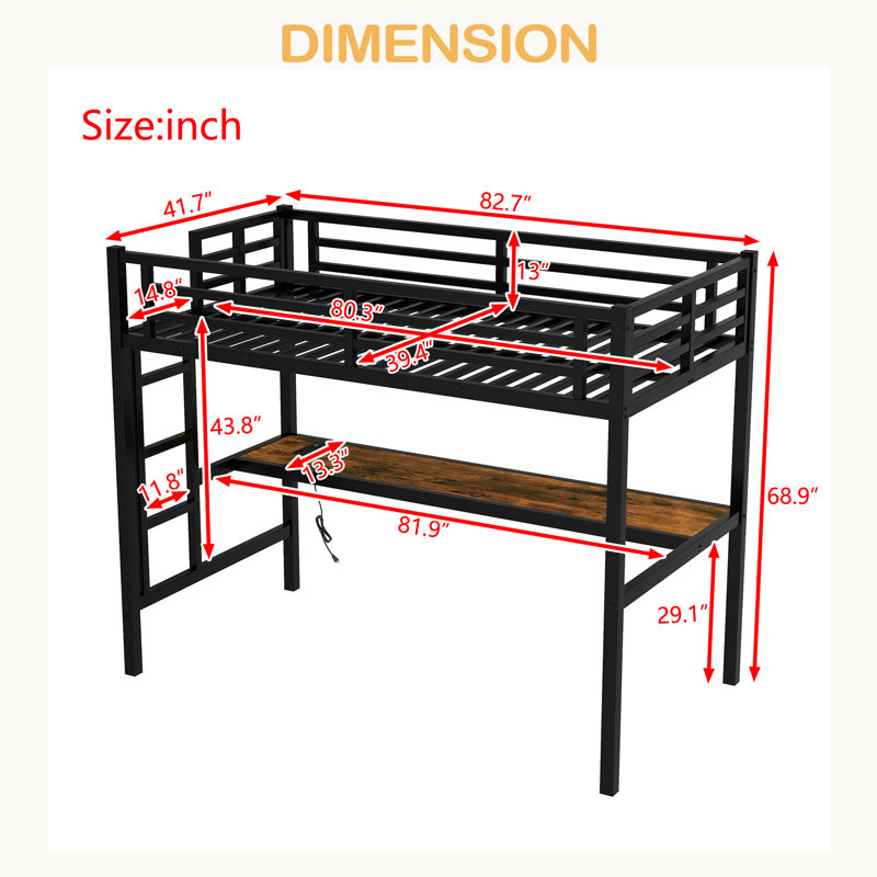 Metal Twin XL Size Loft Bed With Power Outlet And LED Lighted, Space-Saving, Noise Reduced, Extra-Long Twin
