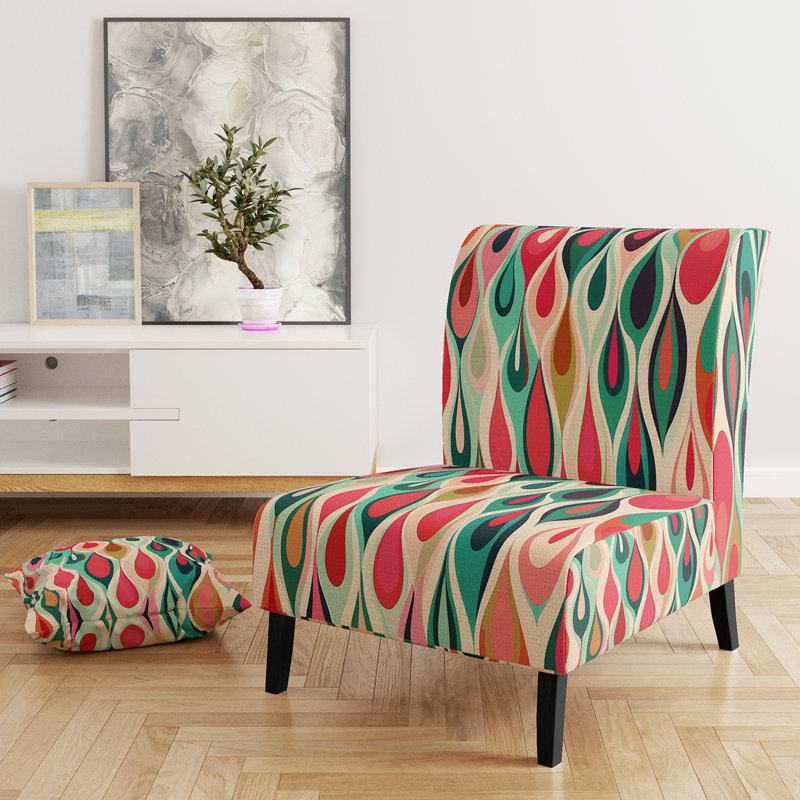 Retro Abstract Drops XI - Upholstered Contemporary Slipper Chair, Geometric Abstract Accent Chair, Red/Teal