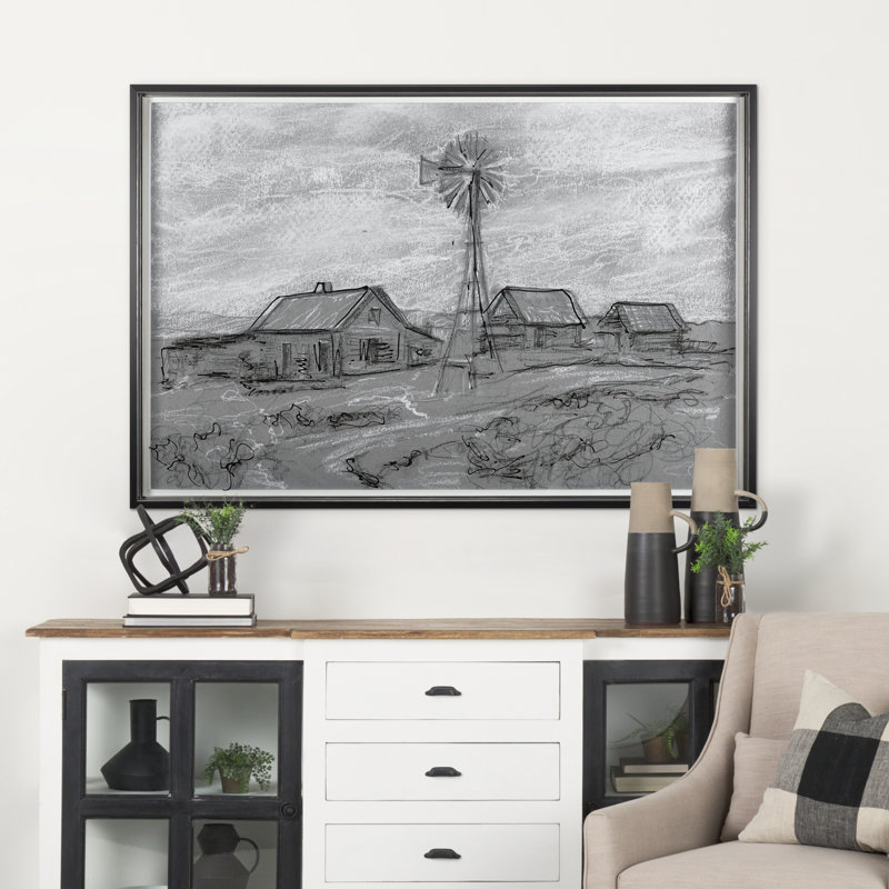 «Farm View S croquis», reproduction d'art encadrée à la main, Farm View Sketch I