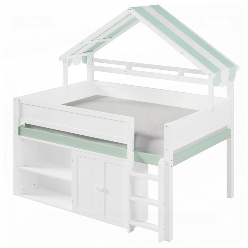 Loft Bed With Canopy Roof And Storage Cabinet, White/Green