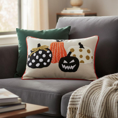 Coussin décoratif brodé citrouille d'Halloween – Ensemble de 2 coussins en lin à pois effrayants