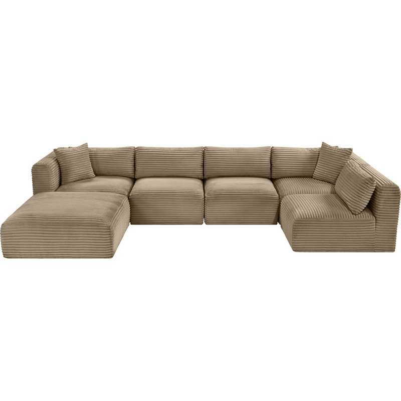 Canapé modulaire Carmean, Velours côtelé texturé taupe, 3 sans accoudoirs, 2 en coin, 1 repose-pieds