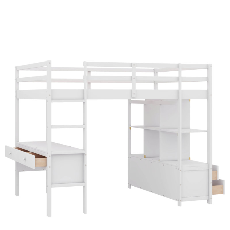Lit mezzanine avec bureau intégré avec deux tiroirs, tablettes de rangement et tiroirs, Blanc