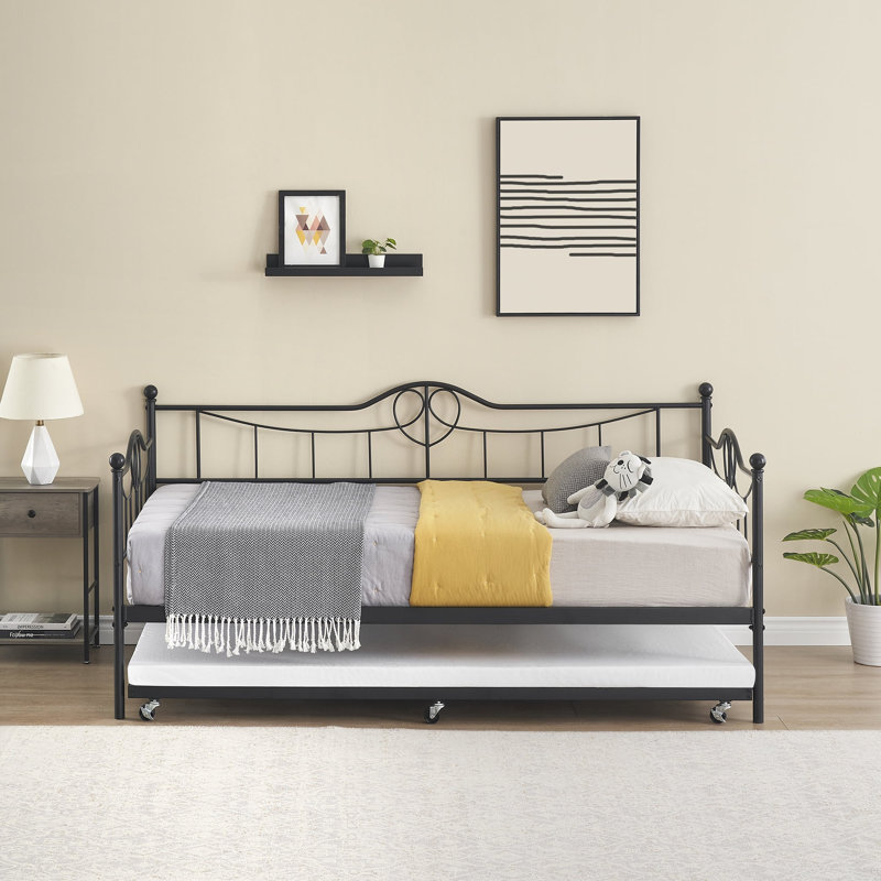 Twin Daybed with Trundle and Backrest, Metal Sofa Bed Frame for Living Room, Bedroom and Guest Room, Black