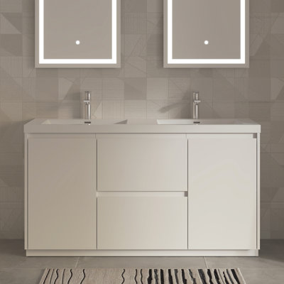 Meuble-lavabo autoportant double 60 po 60 po avec plateau en pierre blanc brillant, 2 tiroirs et 2 portes Modern
