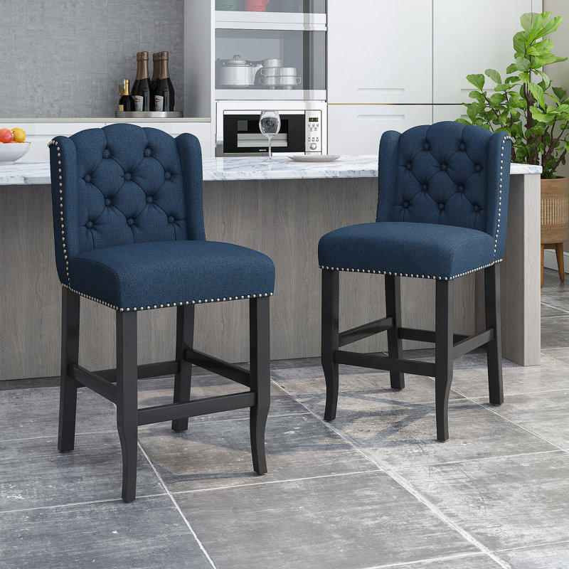 Fabric Tufted Wingback Counter Stools, Set of 2, , Counter Stool (27" Seat Height), Navy Blue