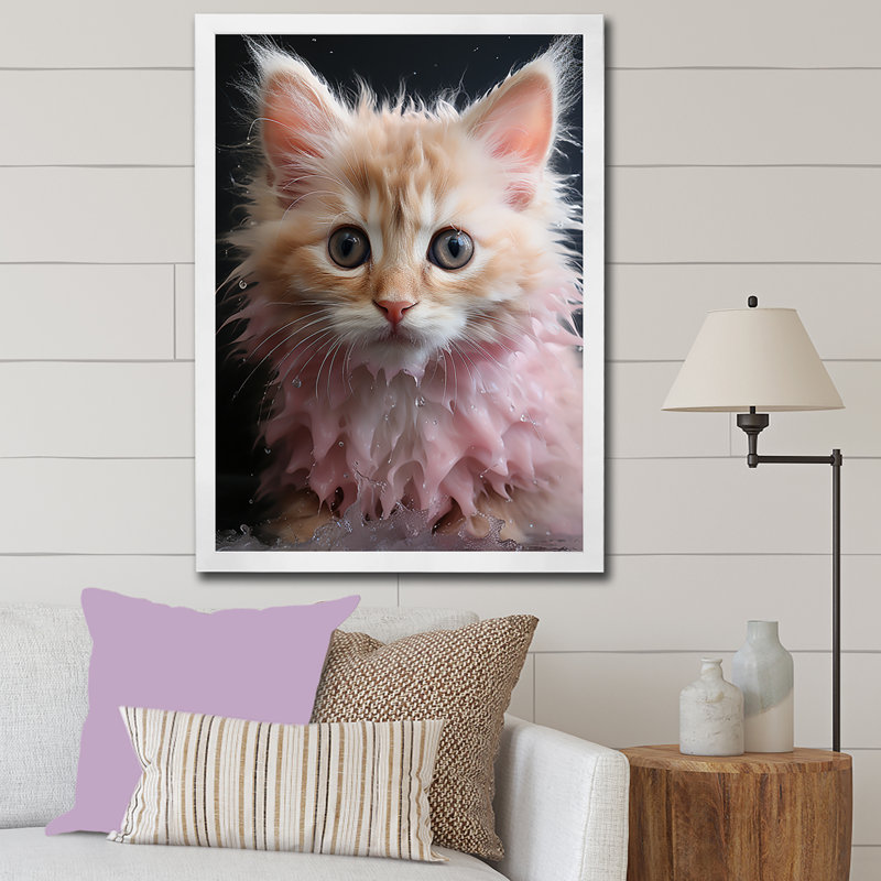 " Bathroom Cuddly Kitten Bath I " Print, 32" H x 24" W x 1" D, White Picture Framed