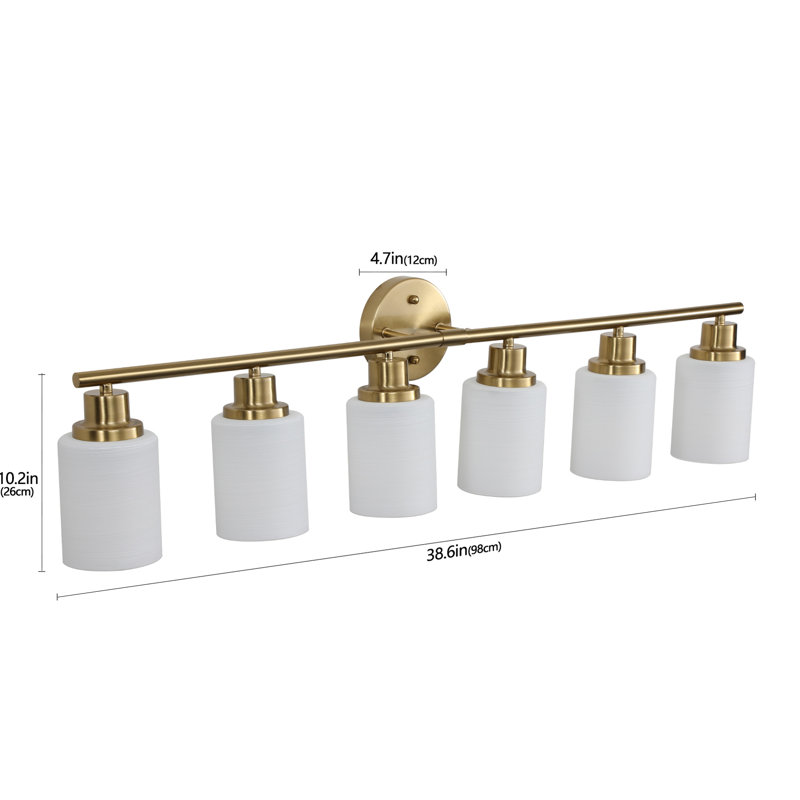 6- Golden Bathroom Vanity Lamp Fixture, Frosted Glass Shades, Modern Wall Mounted Lighting,, 9.95" H x 6.48" W x 37.99" D