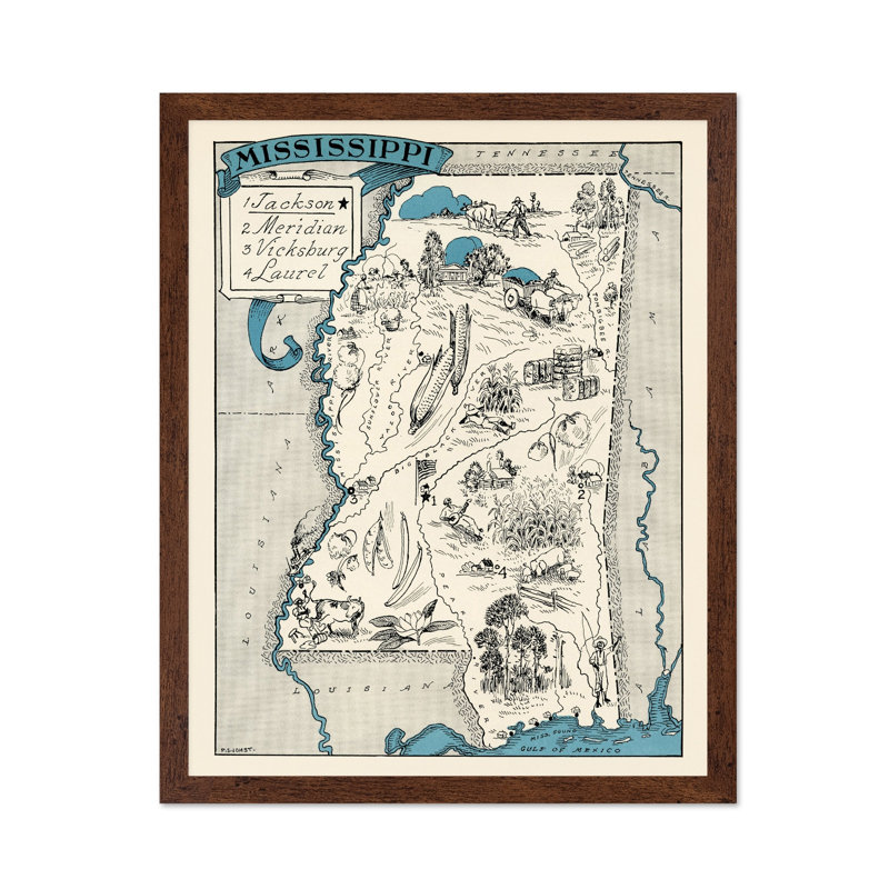 Carte illustrée du Mississippi, H 11 po x l 14 po, Affiche, Encadrement brun