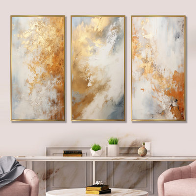 Ensemble de 3 reproductions de toiles abstraites sur fond beige et doré