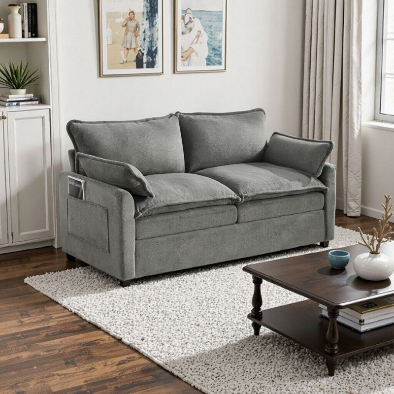 Canapé moderne et confortable à 2 places avec fausse fourrure moelleuse, poches de rangement et coussins lombaires, parfait pour les petits espaces