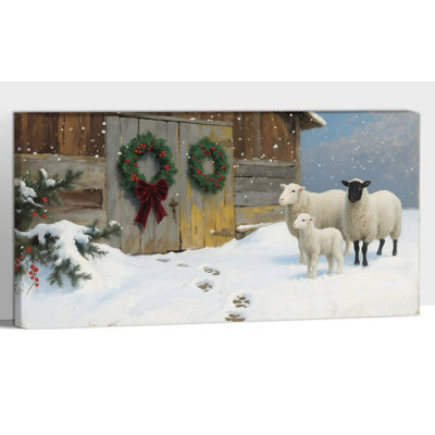Abhirami Winter Sheep Scene Painting, Rustic Barn Holiday Decor, Christmas Wreath Picture Prints, Canvas Wrapped Framed Poster for Home and Office Wall Artwork, 12×24 Inches