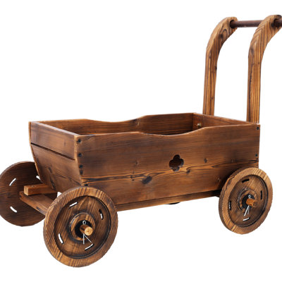 Mobile Garden Planter Box With Wheels And Handle, Decorative Flower Cart For Patio, Garden, Balcony, Wooden, Brown Rustic Wooden Flowers, Feature,