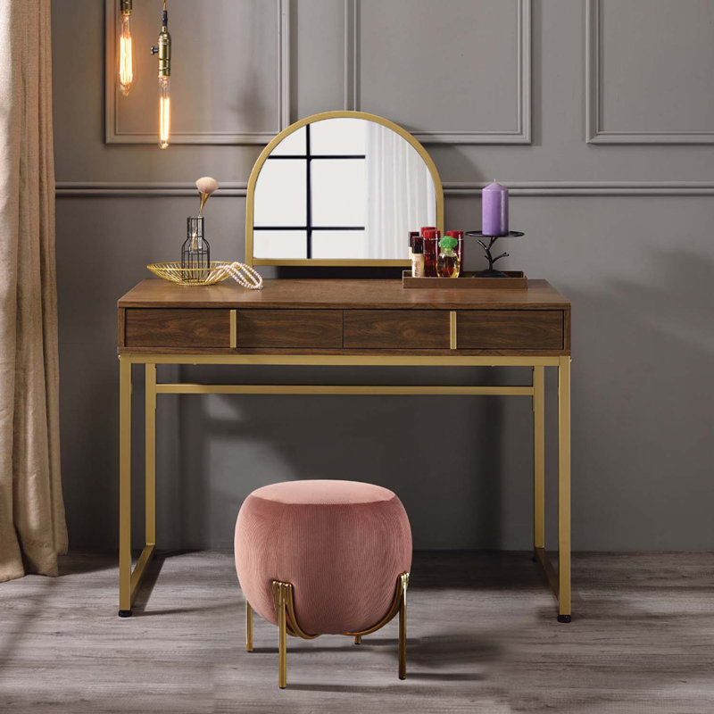 Coleen Vanity Desk w/Mirror & Jewelry Tray, Walnut & Gold Finish, Walnut & Gold