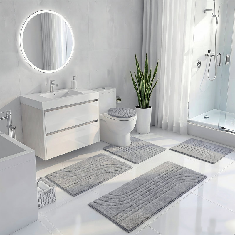 Ensemble de 5 tapis de salle de bain en microfibre douce et moelleuse absorbante en forme de U, Light Grey