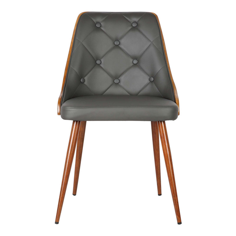 Winship Mid-Century Tufted Dining Chair in Faux Leather and Walnut Wood, Grey Faux Leather
