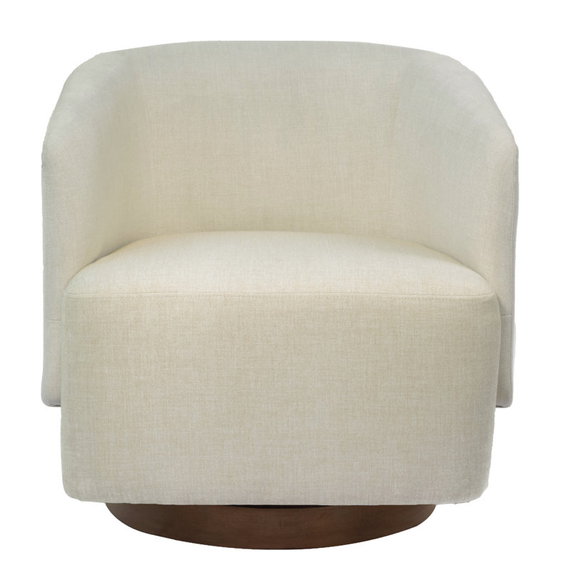 Beige Performance Fabric Swivel Barrel Chair with Wooden Base