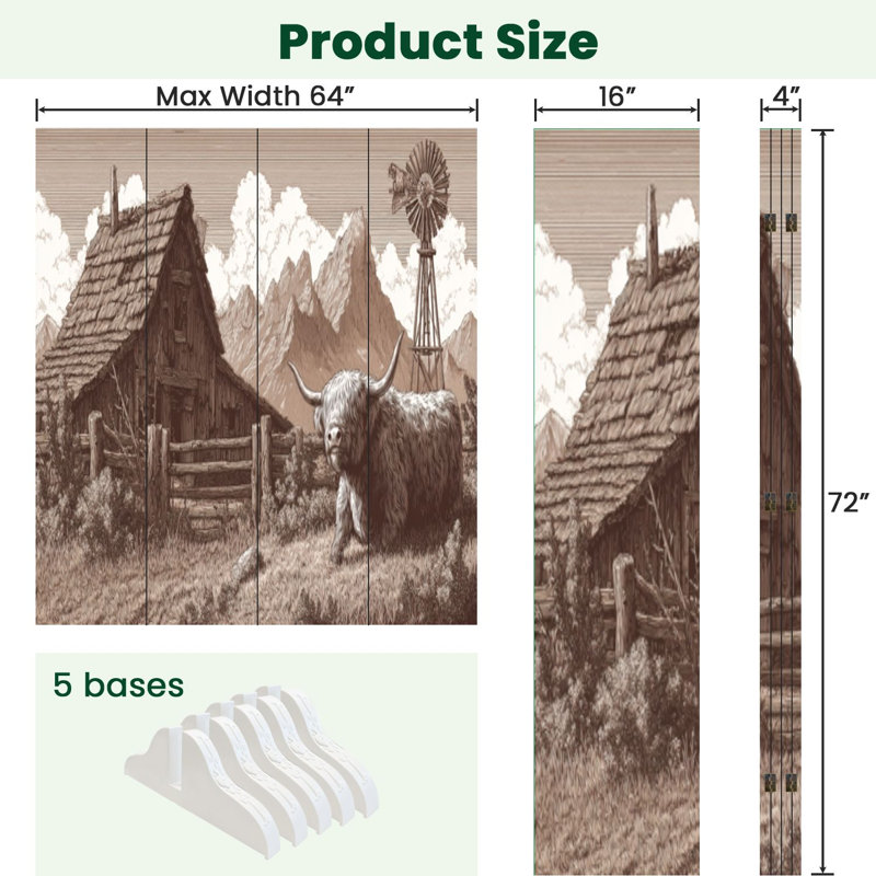 Paravent rustique 4 panneaux à cloison pliable Royal Shaggy Highland Cow, 4, H 71 po x l 64 po x P 1 po