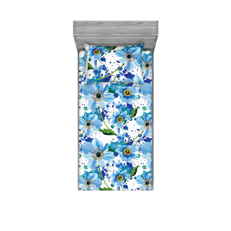 Drap-housse et taies décoratives 3 pièces Ambesonne, Bleu azur pâle, moutarde / floral