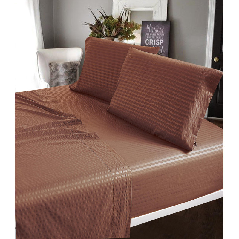 100% Cotton Sateen Striped Sheet Set, Queen Sheet Set + 2 Pillowcases, Coffee