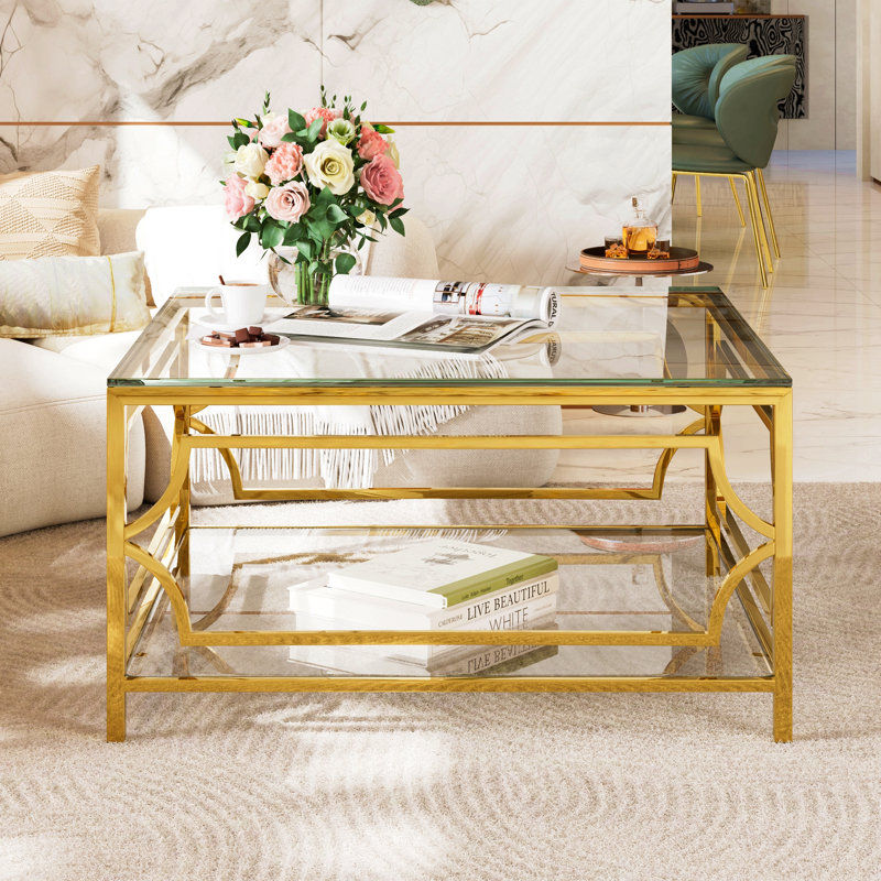 Table basse carrée en verre de 33,5 po, cadre géométrique luxueux, finition dorée et tablette inférieure