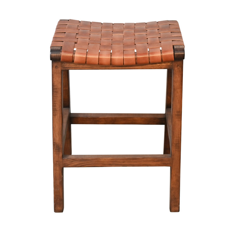 Tabouret rustique en bois massif avec siège en cuir tressé brun selle, Siège brun / cadre brun