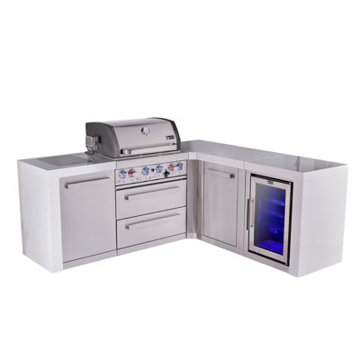 Mont Alpi Premium 4-burner 82"x75" L-shaped 400 Deluxe Stainless Steel Island Modular Outdoor Kitchen Island Bbq Gas Grill + Side Burner + Refrigerator + Storage Drawers And Cabinets + Rotisserie Kit
