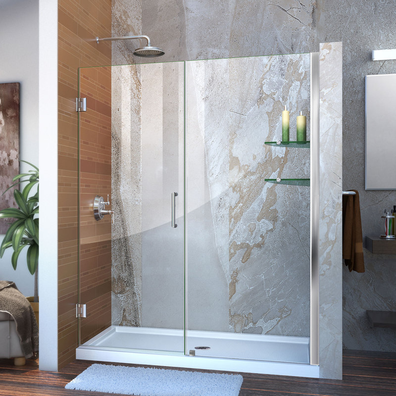 DreamLine Unidoor 57 - 58 inch W x 72 inch H Frameless Hinged Shower Door with Shelves in Chrome, Chrome, 58"