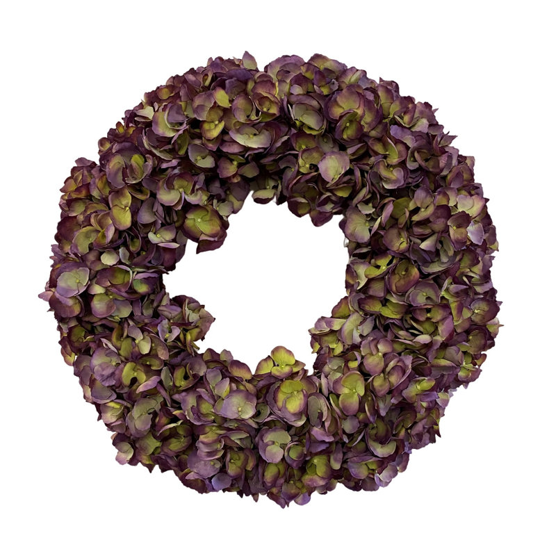 Faux Florals Hydrangea 21" Wreath, 24" H x 24" W x 5.5" D, Eggplant Green