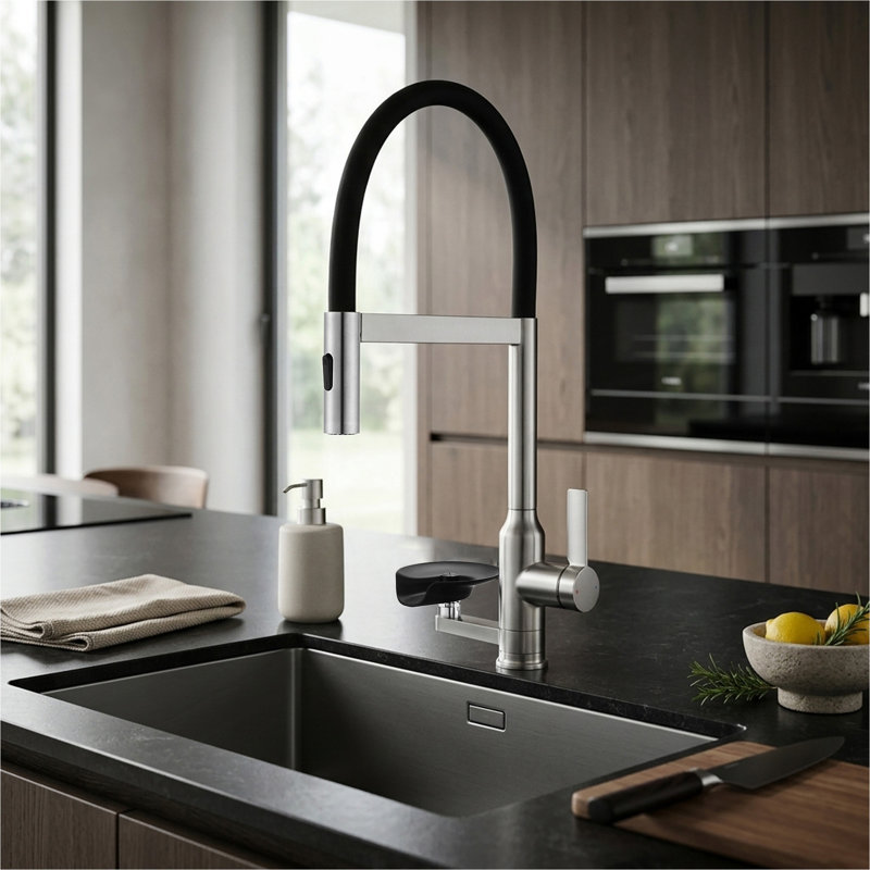 Robinet de cuisine en nickel brossé avec pulvérisateur magnétique rétractable, robinet d'évier de cuisine à poignée simple pivotant sur 360 degrés avec lavabo en verre