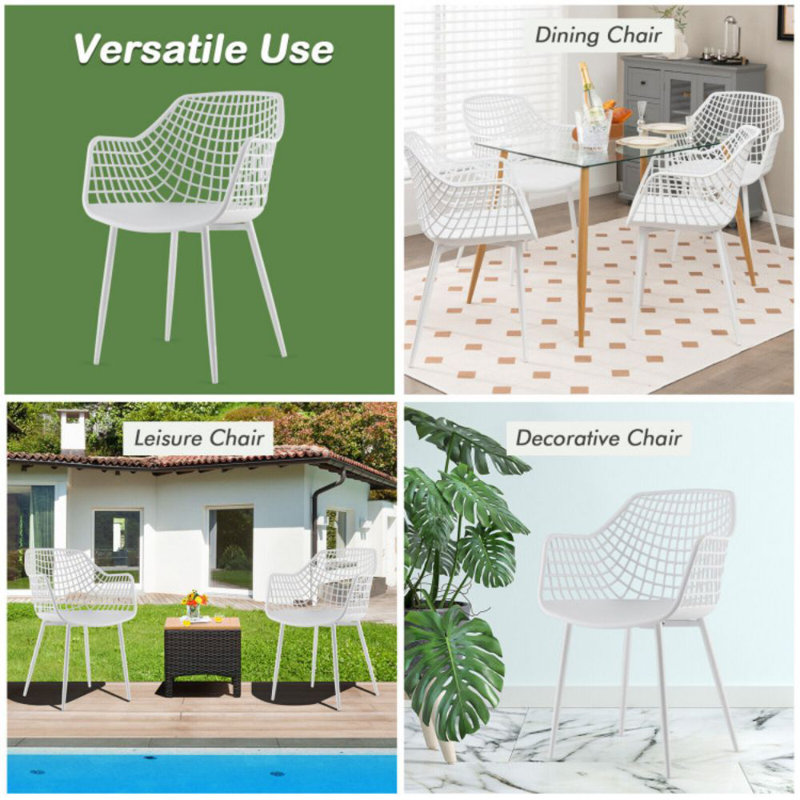 Set of 4 White Metal Mesh Arm Chairs
