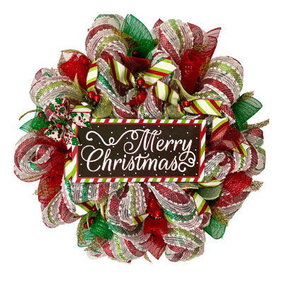 Merry Christmas Striped Wreath Red and Green