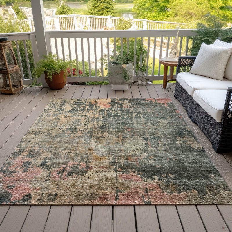 5' x 7' Red and Green Abstract Washable Synthetic Rug