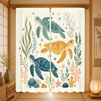 2 pièces de rideaux à imprimé tortues de mer et éléments océan, tissu filtrant la lumière, design artistique, protection de la vie privée, passe-tringle, idéal pour le salon, la chambre à coucher, la décoration pour enfants