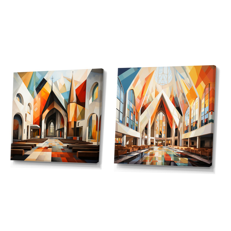 Cubic Multicolor Church I - Ensemble de 2 décorations murales d'églises, Toile tendue, H 16 po x l 33 po x P 1 po