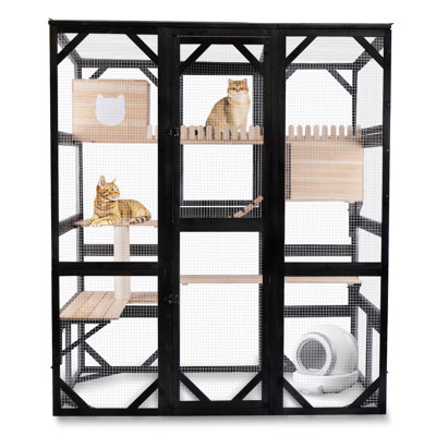 73"H Outdoor Cat Catio Large Wooden Cat Enclosure Multi-Level Cat House with Weatherproof Roof for Backyard or Garden