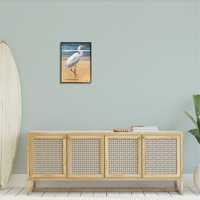 Héron blanc debout, Giclée encadrée noir minuit, H 20 po x l 16 po x P 1,5 po