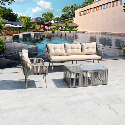 Outdoor Patio Rattan Sofa Waterproof Shade 4 - Person Patio Conversation Set with Cushions