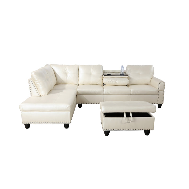 Scherer 97.2" Wide Left Hand Facing Sofa & Chaise with Ottoman, White Faux Leather