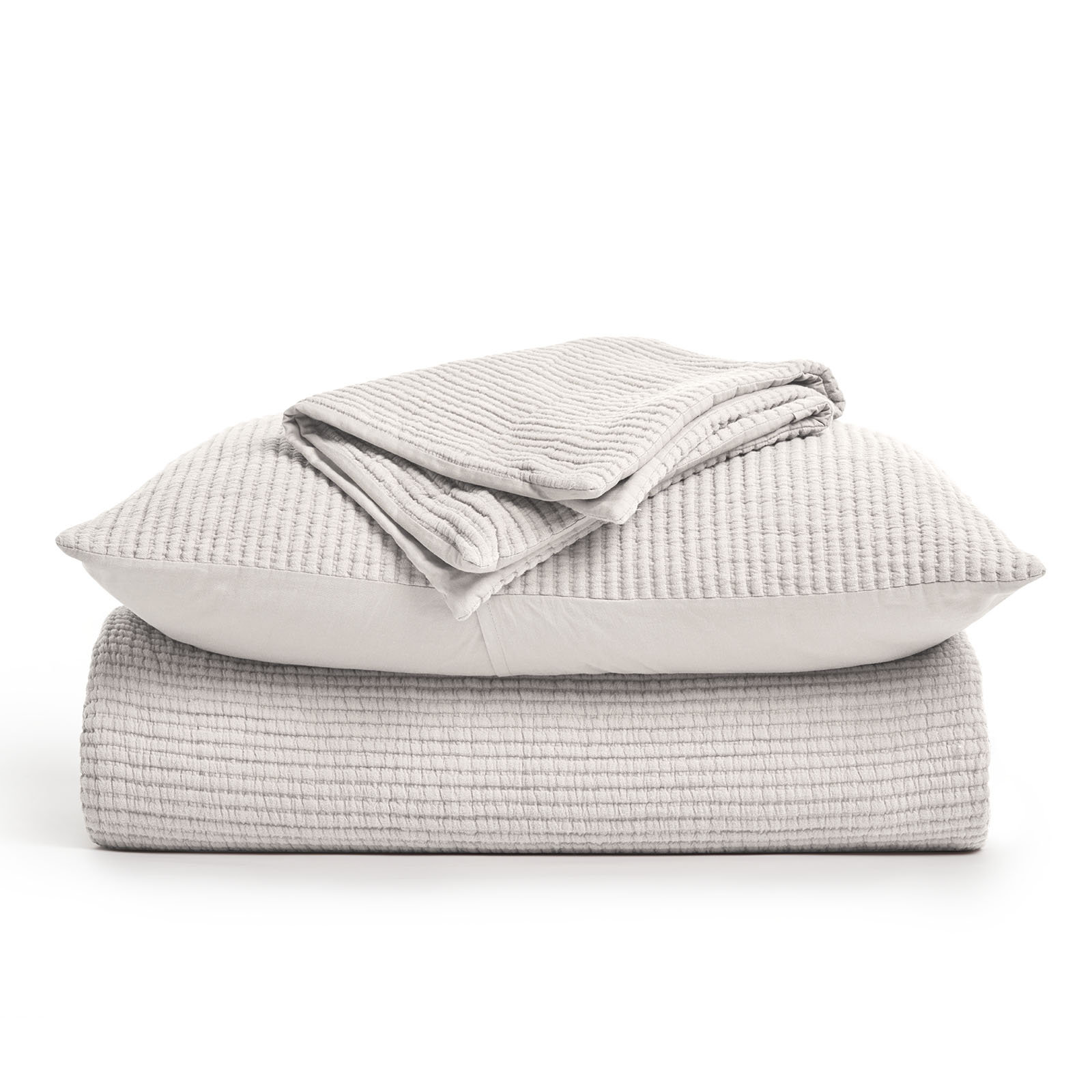 Ribbed Matelassé Cotton Coverlet Set, King Quilt + 2 King Shams, Birch