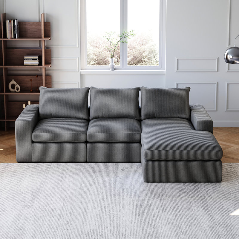 Velours côtelé moderne en forme de L de 99 pouces avec trois coussins, coussins doubles, coussin de cou pour se détendre, rembourrage de particules à rebond lent, support de cadre en fer, aucun assemblage requis, interchangeable