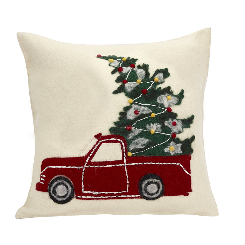 Coussin de Noël en laine feutrée à la main - Camion sur crème - 20 po, Housse de coussin seulement - sans coussin