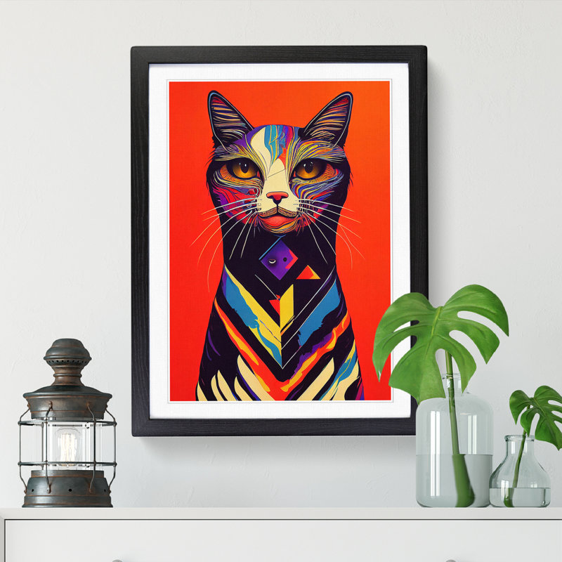Colourful Abstract Cat Vol.2 - Single Picture Frame Print, 34cm H x 25cm W, Brown Framed